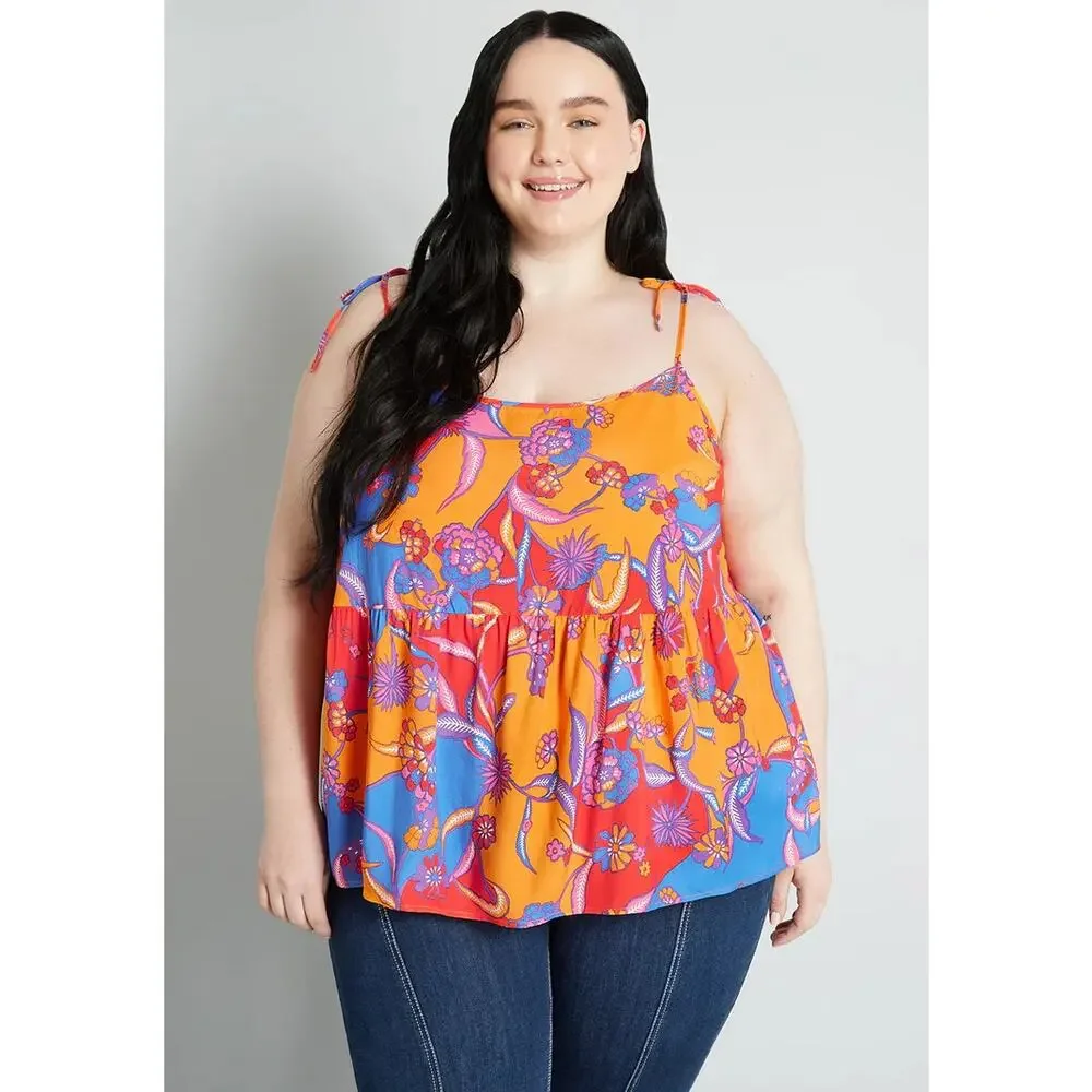 ModCloth Bohemia Bound Peplum Tank Top Orange Bali Floral Women's M NWT
